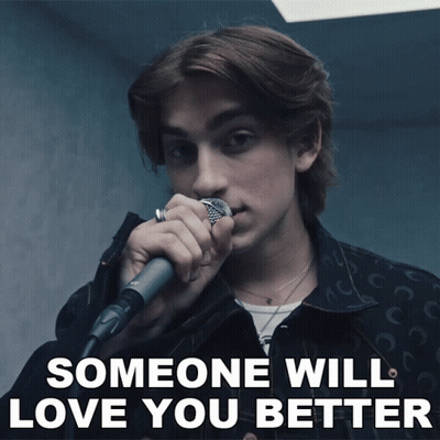 A Young Man Singing Into A Microphone With The Words " Someone Will Love You Better " Below Him GIF