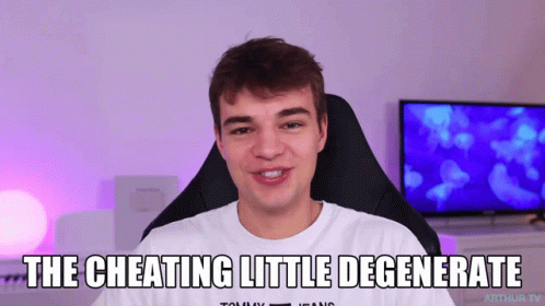 A Young Man Sits In A Chair With The Caption " The Cheating Little Degenerate " Above Him GIF