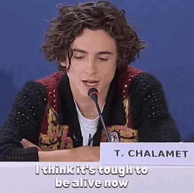 A Young Man Sitting At A Table With A Microphone And A Sign That Says T. Chalamet On It GIF