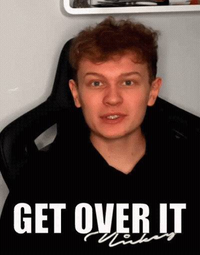 A Young Man Sitting In A Chair With The Words " Get Over It " Written On The Bottom GIF
