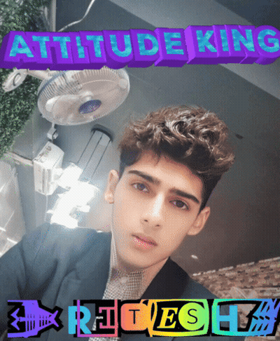 A Young Man Stands In Front Of A Purple Sign That Says " Attitude King " GIF