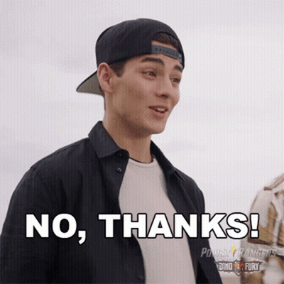 A Young Man Wearing A Baseball Cap And A Black Shirt Says No Thanks . GIF