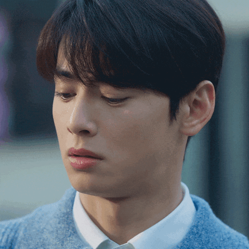 A Young Man Wearing A Blue Sweater And White Shirt GIF