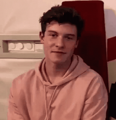 A Young Man Wearing A Pink Hoodie Is Sitting On A Red Chair . GIF