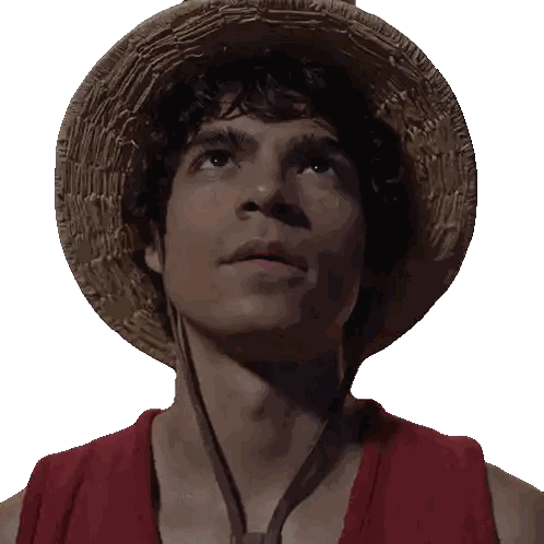 A Young Man Wearing A Straw Hat And A Red Shirt Looks Up Sticker