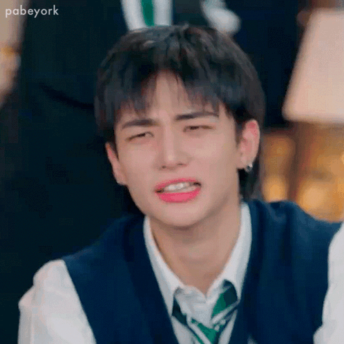 A Young Man Wearing A Vest And Tie Is Crying . GIF