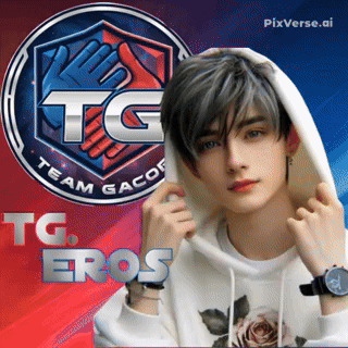 A Young Man Wearing A White Hoodie Stands In Front Of A Tg Team Logo GIF
