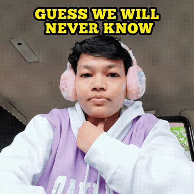 A Young Man Wearing Ear Muffs And A Purple Shirt With The Words Guess We Will Never Know Above Him GIF