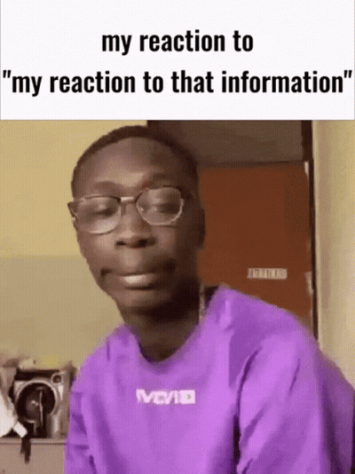 A Young Man Wearing Glasses And A Purple Shirt Says " My Reaction To " GIF