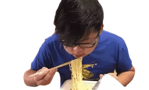 A Young Man Wearing Glasses Is Eating Noodles With Chopsticks . Sticker