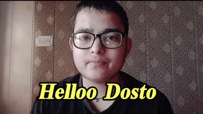 A Young Man Wearing Glasses Says Helloo Dosto In Yellow Letters GIF
