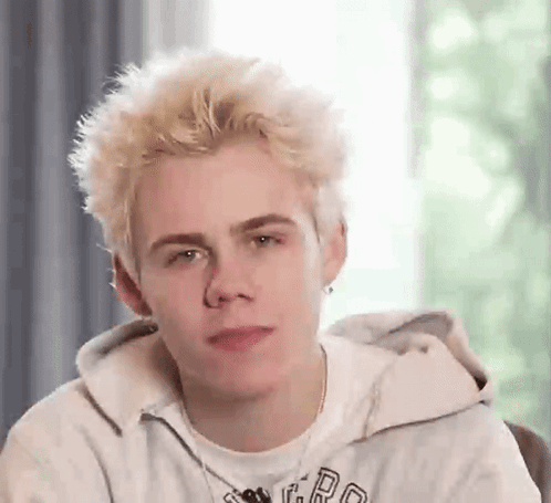 A Young Man With Blonde Hair And Green Eyes Is Wearing A Hoodie And A White Shirt . GIF