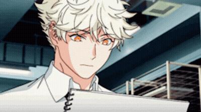 A Young Man With Blonde Hair And Orange Eyes Is Holding A Piece Of Paper . GIF