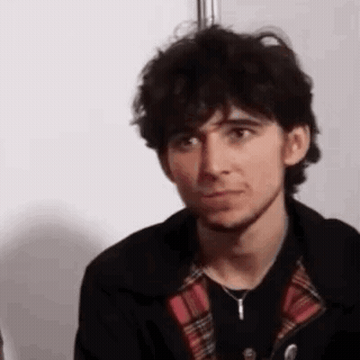A Young Man With Curly Hair And A Beard Is Wearing A Plaid Shirt And A Black Jacket . GIF