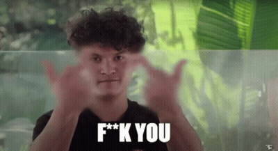 A Young Man With Curly Hair Is Giving The Middle Finger And The Words F * K You Are Behind Him . GIF