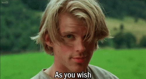 A Young Man With Long Blonde Hair Is Looking At The Camera And Saying `` As You Wish '' . GIF