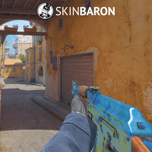 Advertisement For Skinbaron Showing Old Building GIF