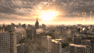 Aerial View Of City At Sunset With Sun Through Clouds GIF