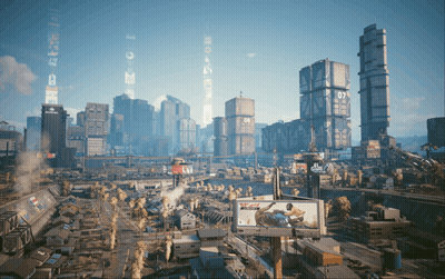 Aerial View Of Futuristic City With Coca-Cola Billboard GIF