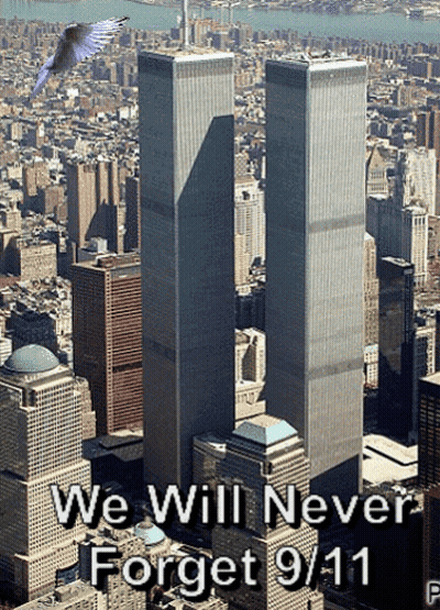 Aerial View Of Twin Towers We Will Never Forget 9/11 GIF