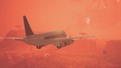 Airplane Flying Over Desert With Red Sky GIF
