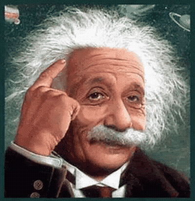 Albert Einstein In Suit And Tie Pointing To Head GIF
