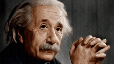Albert Einstein With Hands Folded In Front Of Face GIF