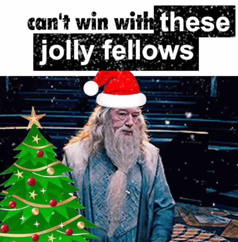 Albus Dumbledore Is Wearing A Santa Hat And Standing Next To A Christmas Tree .. GIF