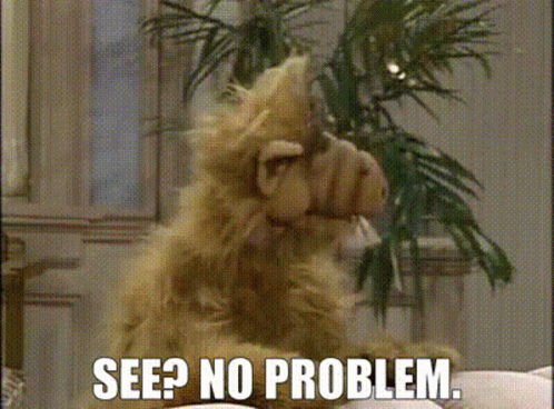 Alf From The Sitcom Sits In Front Of A Palm Tree And Says See No Problem GIF