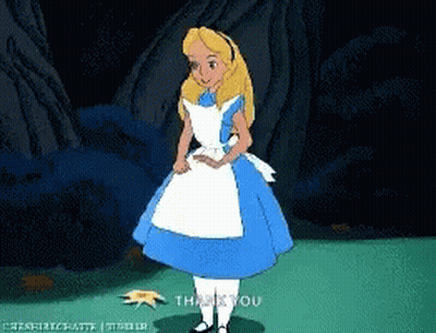 Alice From Alice In Wonderland Is Standing In A Field And Says " Thank You " GIF