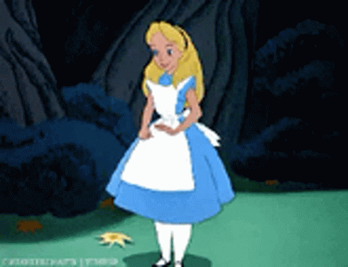 Alice From Alice In Wonderland Is Wearing A Blue Dress GIF