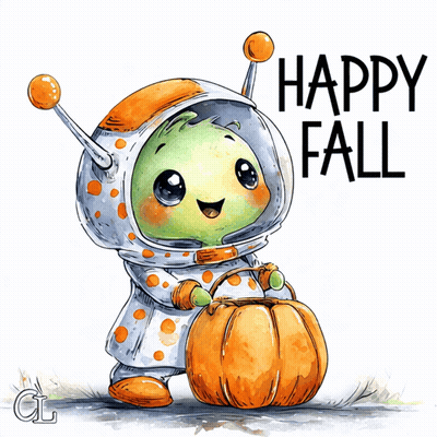 Alien Holding Pumpkin Saying Happy Fall GIF