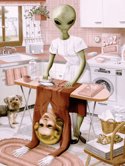 Alien Ironing Woman's Clothes In Kitchen With Sudz Cleaner GIF