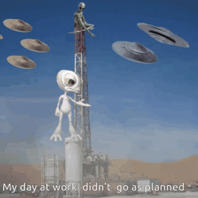Alien Sitting On Tower Surrounded By Flying Saucers GIF