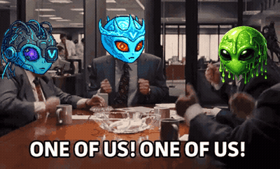 Aliens Sitting Around Table Saying One Of Us GIF
