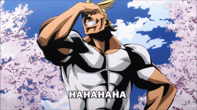 All Might From My Hero Academia Is Laughing With His Hand On His Forehead In Front Of A Cherry Blossom Tree GIF