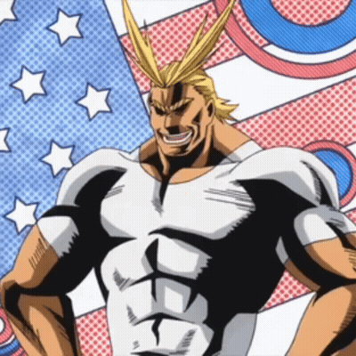 All Might From My Hero Academia Stands In Front Of An American Flag Background GIF