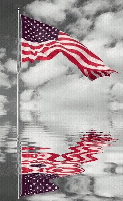 American Flag Reflected In Water With Clouds GIF