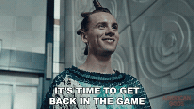 American Gods Ad Man With Bun On Head GIF