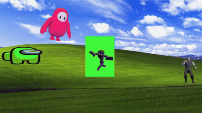 Among Us Fall Guys And A Green Screen Are On A Grassy Hillside GIF