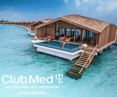 An Ad For Club Med Worldwide All-Inclusive Experiences Shows A Woman Swimming In A Pool GIF