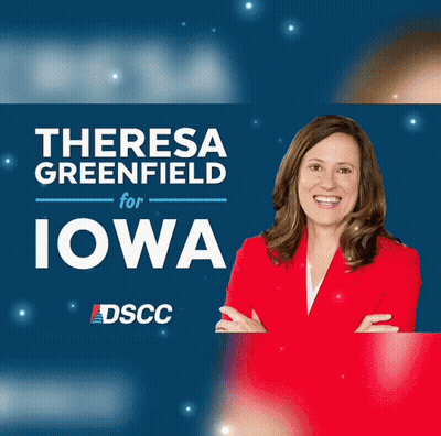 An Ad For Theresa Greenfield For Iowa Shows A Woman In A Red Jacket GIF