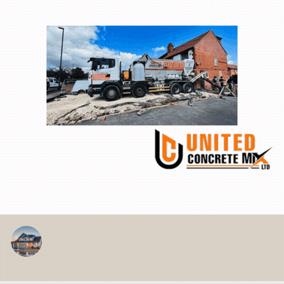 An Ad For United Concrete Mix Ltd With A Picture Of A Concrete Truck GIF