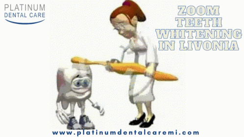 An Ad For Zoom Teeth Whitening In Livonia Shows A Cartoon Of A Woman Brushing A Tooth GIF