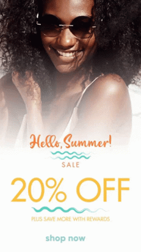 An Advertisement For A 20 % Off Sale With A Picture Of A Woman Wearing Sunglasses GIF