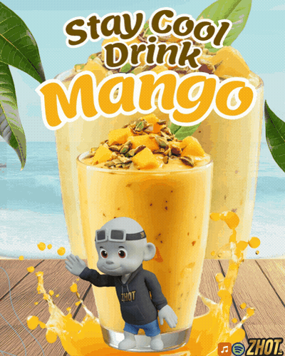 An Advertisement For A Mango Drink With A Cartoon Character In Front Of It GIF