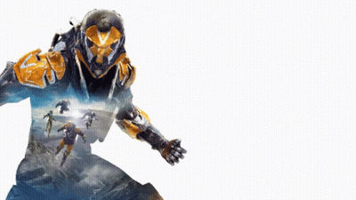 An Advertisement For A Video Game Called Anthem Shows A Man In An Orange And Black Suit GIF