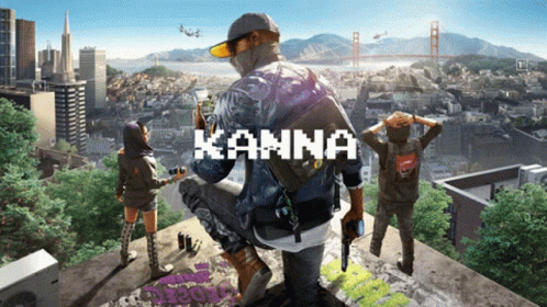 An Advertisement For A Video Game Called Kanna Shows A Man Kneeling On A Ledge Overlooking A City GIF