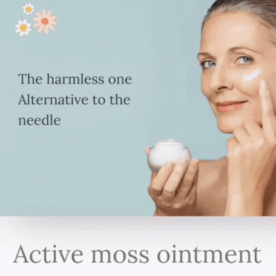 An Advertisement For Active Moss Ointment With A Woman Applying It To Her Face GIF