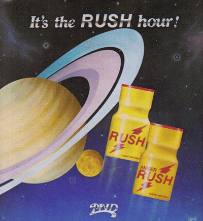 An Advertisement For Amber Rush Shows A Planet And Two Bottles GIF